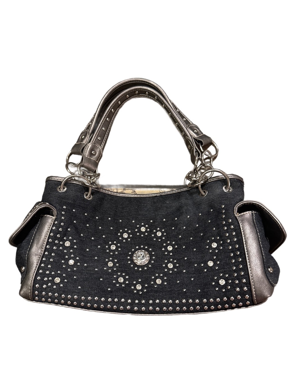Montana West Black Denim Shoulder Bag with Silver Accents